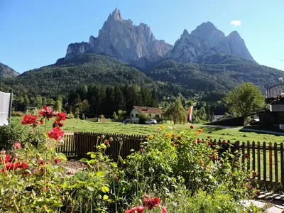 a garden with flowers and mountains in the background at Apartment Furschermuehle in Siusi
