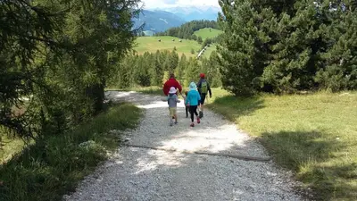 a group of people walking down a gravel trail at Pastrogn 4 in La Valle