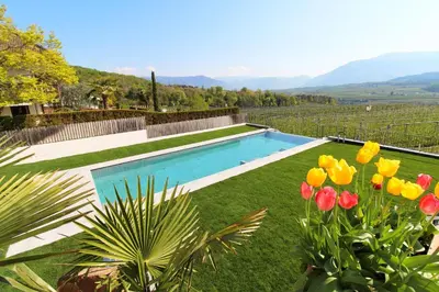 a swimming pool in the middle of a yard with flowers at Hotel Römerrast in Caldaro