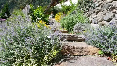a garden with purple flowers and a stone wall at Obergereuth Hof 1288 in San Martino