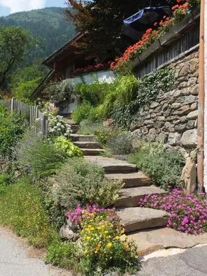 a stone path leading to a garden with flowers at Obergereuth Hof 1288 in San Martino