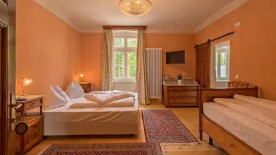 a bedroom with two beds and a sink at Hotel Lago di Braies in Braies