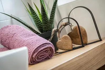 a shelf with two towels and a plant on it at Living Puez in Funes
