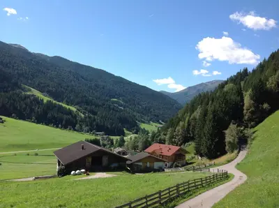 a house in the middle of a green field with mountains at Biohof Hamann in Sarntal