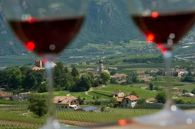 a bedroom with two beds and two windows at Schloss-Hof in Appiano sulla Strada del Vino