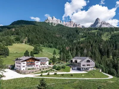 an aerial view of a house in the mountains at Hotel Bewaller in Obereggen