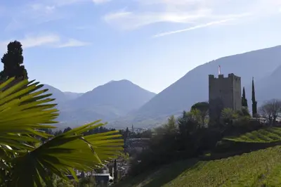 a castle on a hill with mountains in the background at Appartment Trojer in Merano