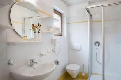 a bathroom with a sink and a toilet and a mirror at CHALET MARLENE - Ferienhaus in San Vigilio Di Marebbe