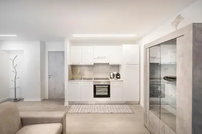 a kitchen with white cabinets and a fireplace at Fior Apartments Lofts in Merano