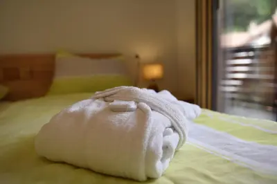a towel animal laying on top of a bed at Ferienwohnung Haus Reider in Sarntal