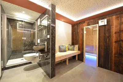 a bathroom with a toilet and a shower and a sink at Ferienwohnung Haus Reider in Sarntal