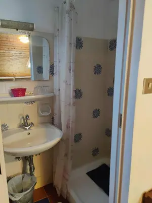 a bathroom with a sink and a shower at Schlossberg in San Leonardo in Passiria