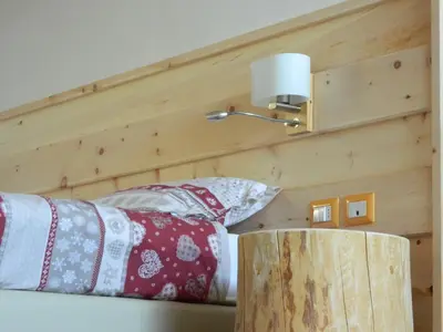 a bedroom with a wooden wall with a lamp and pillows at Hotel Ganzaie in Daiano