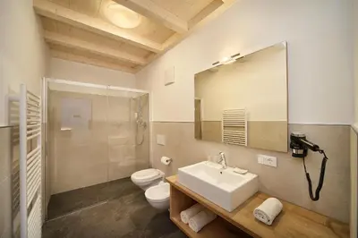 a bathroom with a sink and a toilet and a mirror at Residence Apartment Nelkenstein in Schenna