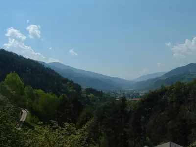a view of a valley with trees and mountains at Gasthof Majestic in Bressanone