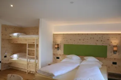 a bedroom with two bunk beds and a green wall at Gasthof Majestic in Bressanone