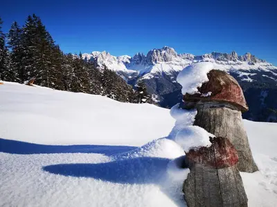 a fire hydrant covered in snow on a mountain at Apartments Schlossblick Naturholz in Vols am Schlern