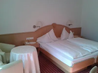 a hotel room with a bed and a table at Hotel Flora in Lagundo