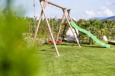 a swing set in a yard with a green slide at Hof im Kalch Tramin in Termeno