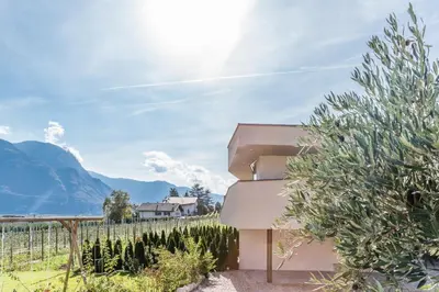 a pivot house in a vineyard with mountains in the background at Hof im Kalch Tramin in Termeno