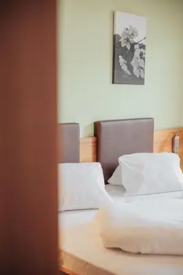two beds with white pillows in a bedroom at Weihergut in Cermes