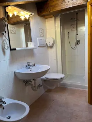 a bathroom with two sinks and a toilet and a shower at B&B Bucaneve in Vigo di Fassa