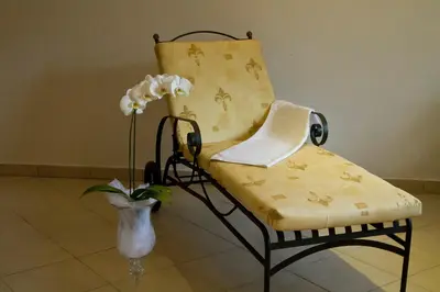 a chair with a vase of flowers and a vase of flowers at Appartementhaus Linter in Tirolo