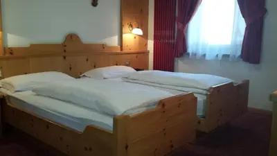 two twin beds in a bedroom with a window at Hotel Savoia in Canazei
