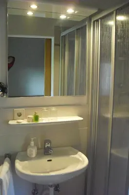 a bathroom with a sink and a mirror and a shower at Dependance Villnerhof in Egna