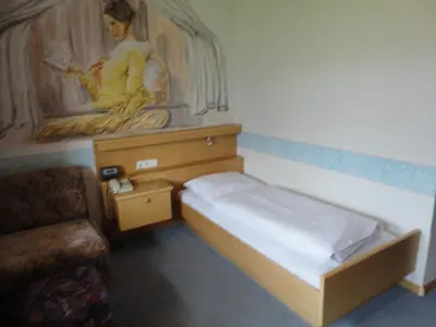 a small bedroom with a bed and a painting on the wall at B&B Garni Hotel Saxl in Campo di Trens