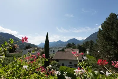 a view of a village in the mountains with flowers at Pension Sankt Urban in Merano