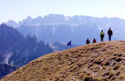 a group of people standing on top of a mountain at Apartment Puciacia - Bauernhof in Santa Cristina in Val Gardena