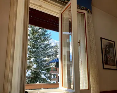 a window with a view of a snow covered tree at luminoso ed accogliente, centralissimo appartamento indipendente in Cortina dʼAmpezzo