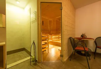 a room with a shower and a table and chairs at Aktiv Hotel Schönwald in Nova Levante