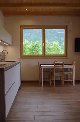 a kitchen and dining room with a table and a window at Gisshübelhof in Andrian