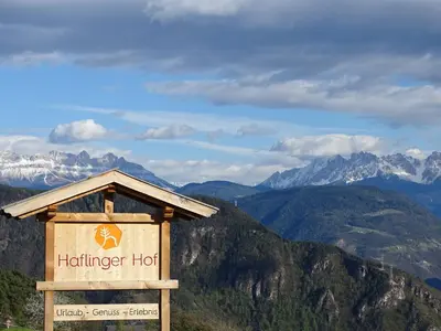 a sign for a hinterner hotel with mountains in the background at Haflingerhof in San Genesio Atesino