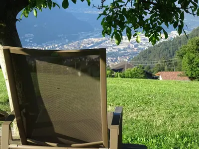 a tv sitting in a chair in a field at Haflingerhof in San Genesio Atesino