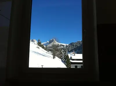 a window with a view of a snow covered mountain at Prà de Metz Apartments in Santa Cristina in Val Gardena