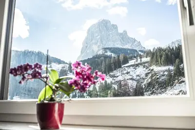 a vase with flowers in a window with a mountain view at Prà de Metz Apartments in Santa Cristina in Val Gardena