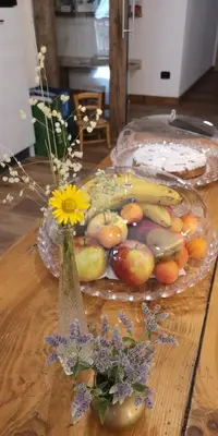 a table with a plate of fruit and a vase with a flower at B&B Sot l'Agner - Ospitalità Diffusa Conca Agordina in Taibon