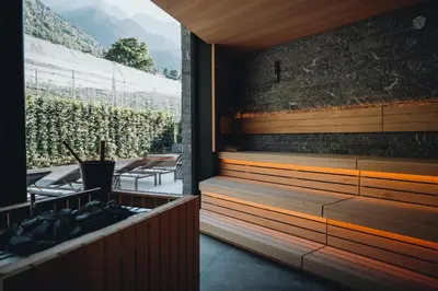 a sauna with a view of a vineyard at Klein Fein Hotel Anderlahn in Parcines