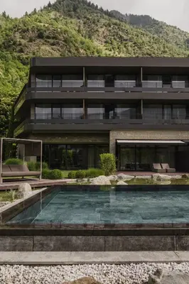 a house with a swimming pool in front of a mountain at Klein Fein Hotel Anderlahn in Parcines