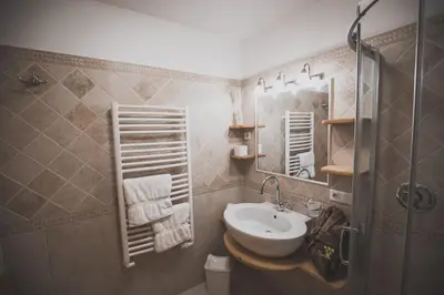 a bathroom with a sink and a mirror at Apartments Pitschlmann in Fiè