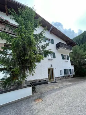 a white building with a tree in front of it at Apartment Nido in Selva di Val Gardena