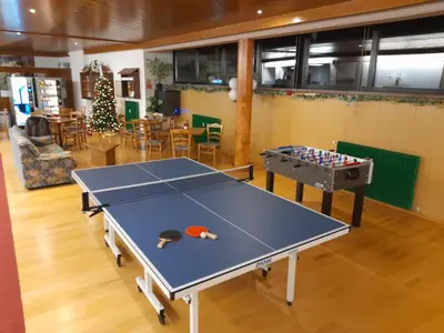 a ping pong table in a room with a christmas tree at Piccolo Igloo in Falcade