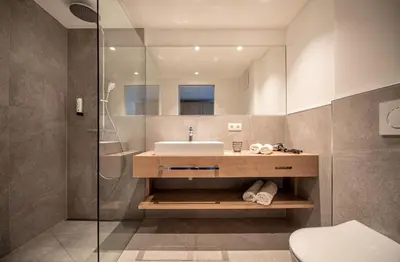 a bathroom with a sink and a shower at Hotel Walter in Schenna