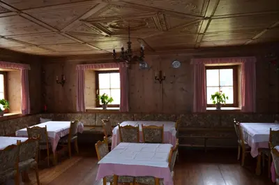 a dining room with tables and chairs and windows at Ansitz Goller in Rasun di Sopra