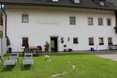 a dog walking in front of a white building at Lindnerhof Urlaub am Bauernhof in San Lorenzo di Sebato
