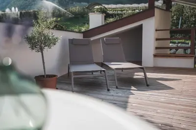two chairs sitting on a deck with a plant at Wanda Apartments in Parcines