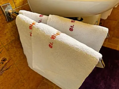 three white towels on a toilet in a bathroom at St. Vigilhof in Nalles
